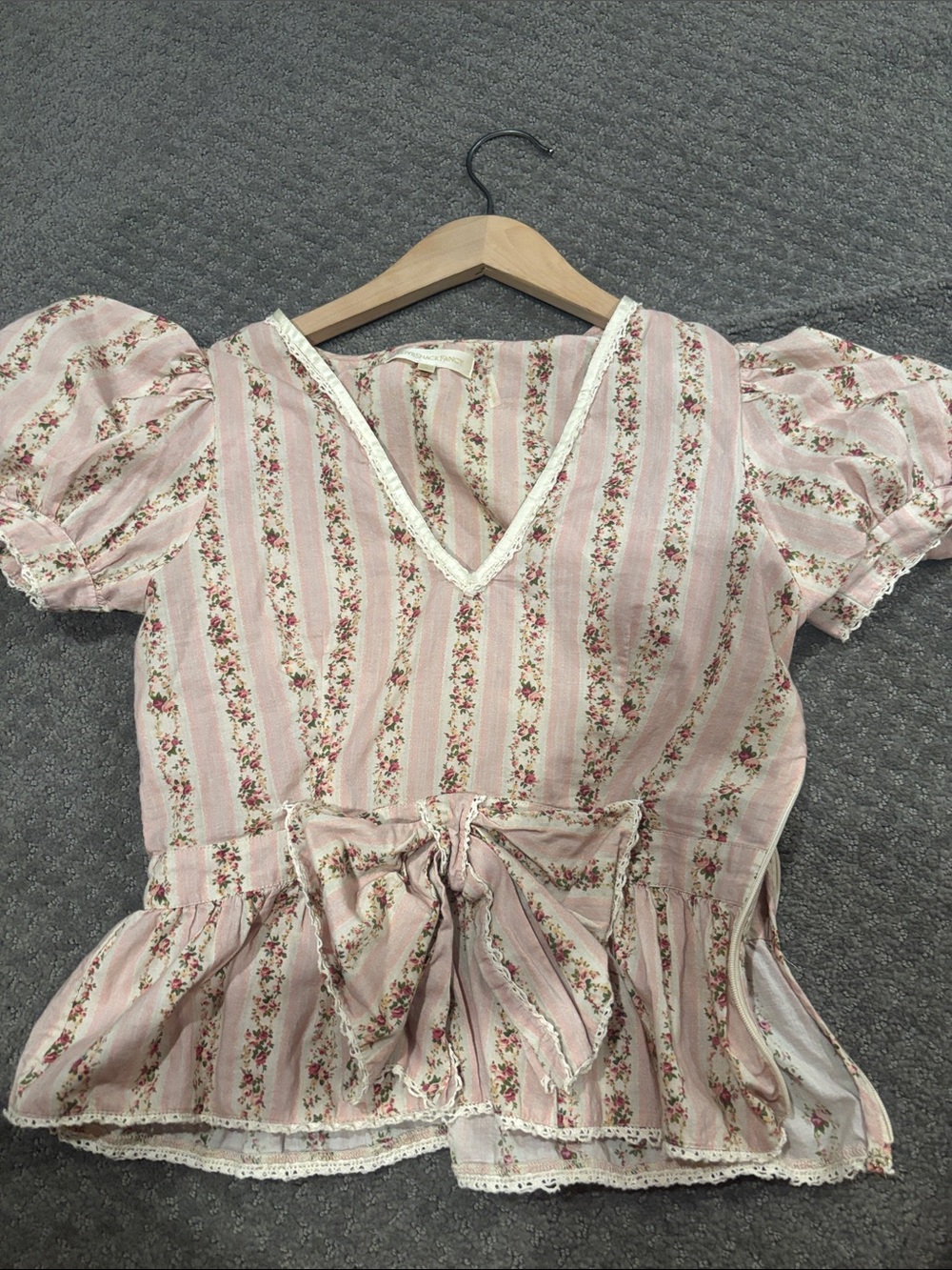 LoveShackFancy Pink Floral Striped Puff Sleeve Blouse